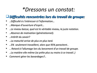 *Dressons un constat: Difficultés rencontrées lors du travail de groupe: ..Difficulté à s’intéresser à l’information… ..Manque d’ouverture d’esprit… ..Le niveau baisse, quel est le véritable niveau, la juste notation. .. Absence de motivation (générationnel). ..Intérêt du savoir? ..La maturité arrive de plus en plus tard. ..5%  seulement travaillent, alors que 95% parasitent.. .. Retard à l’allumage lors du lancement d’un travail de groupe. ..La matière elle-même (se prête plus ou moins à ce travail..) Comment gérer les bavardages?.. 