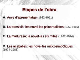 Etapes de l'obra
A. Anys d'aprenentatge (1932-1951)

B. La transició: les novel·les psicorealistes (1952-1966)

C. La madu...