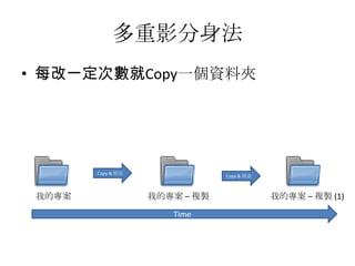 多重影分身法
• 每改一定次數就Copy一個資料夾




        Copy & 修改
                                Copy & 修改



 我的專案               我的專案 – 複製               我的專案 – 複製 (1)

                       Time
 