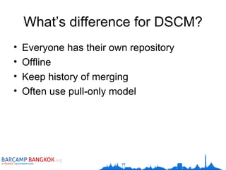 What’s difference for DSCM? Everyone has their own repository Offline Keep history of merging Often use pull-only model 