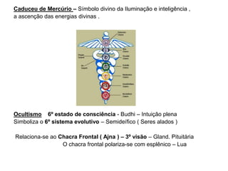 Caduceu de Mercúrio – Símbolo divino da Iluminação e inteligência ,
a ascenção das energias divinas .
Ocultismo 6º estado de consciência - Budhi – Intuição plena
Simboliza o 6º sistema evolutivo – Semideífico ( Seres alados )
Relaciona-se ao Chacra Frontal ( Ajna ) – 3º visão – Gland. Pituitária
O chacra frontal polariza-se com esplênico – Lua
 