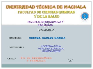 ESCUELA DE BIOQUIMICA Y
FARMACIA
TOXICOLOGIA
DOCTOR. CARLOS GARCIA
LORENA AJILA
VALERIA ESPINOZA
KARINA REYES

" A"

 