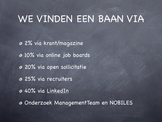 WE VINDEN EEN BAAN VIA

 2% via krant/magazine

 10% via online job boards

 20% via open sollicitatie

 25% via recruiters

 40% via LinkedIn

 Onderzoek ManagementTeam en NOBILES
 