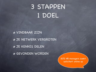 3 STAPPEN
         1 DOEL

VINDBAAR ZIJN

JE NETWERK VERGROTEN

JE KENNIS DELEN

GEVONDEN WORDEN
                       82% HR-managers zoekt
                         sollicitant online op
 