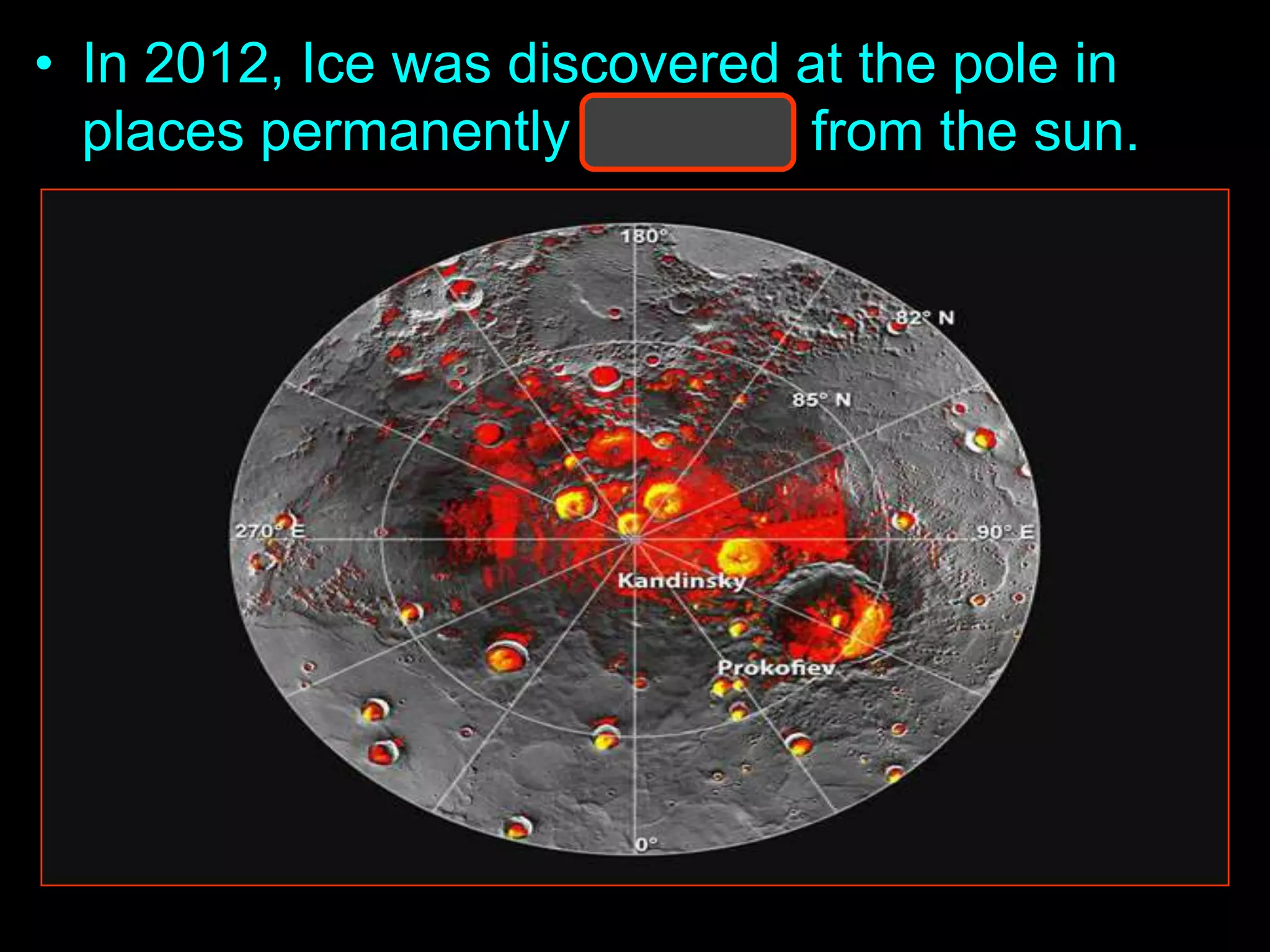 • In 2012, Ice was discovered at the pole in
places permanently shielded from the sun.
 