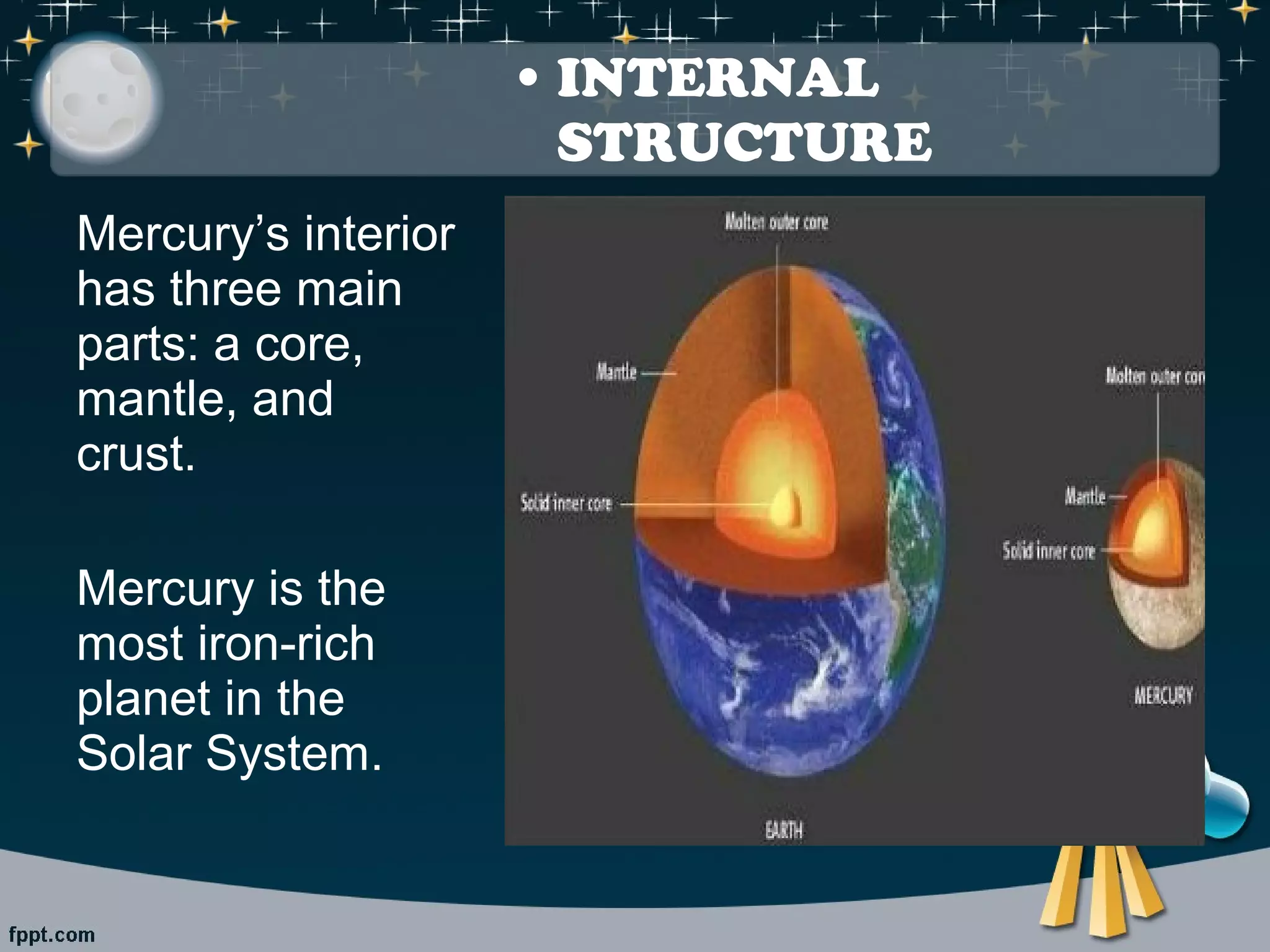 • INTERNAL 
STRUCTURE 
Mercury’s interior 
has three main 
parts: a core, 
mantle, and 
crust. 
Mercury is the 
most iron-rich 
planet in the 
Solar System. 
 
