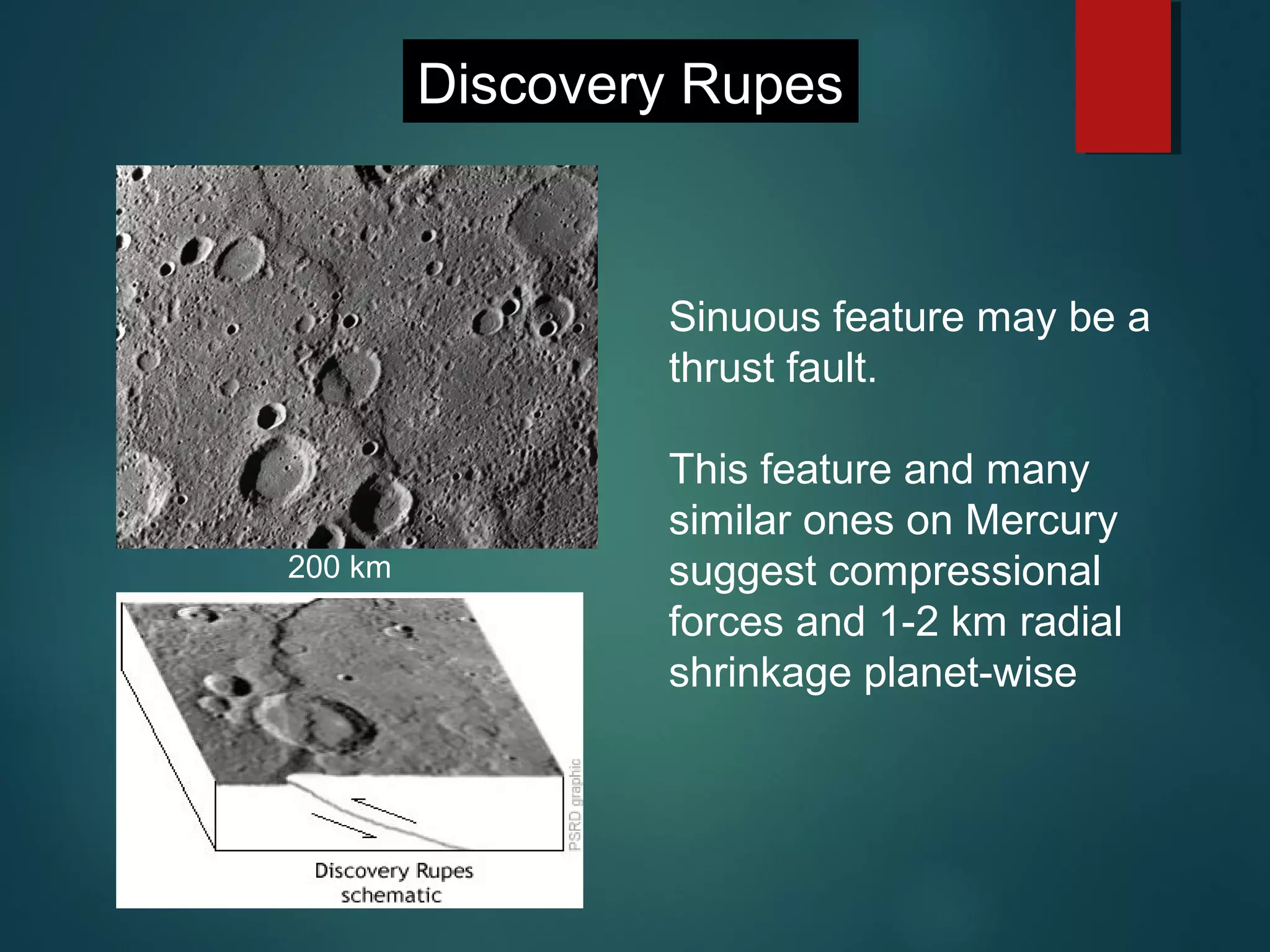 Discovery Rupes
Sinuous feature may be a
thrust fault.
This feature and many
similar ones on Mercury
suggest compressional
forces and 1-2 km radial
shrinkage planet-wise
200 km
 