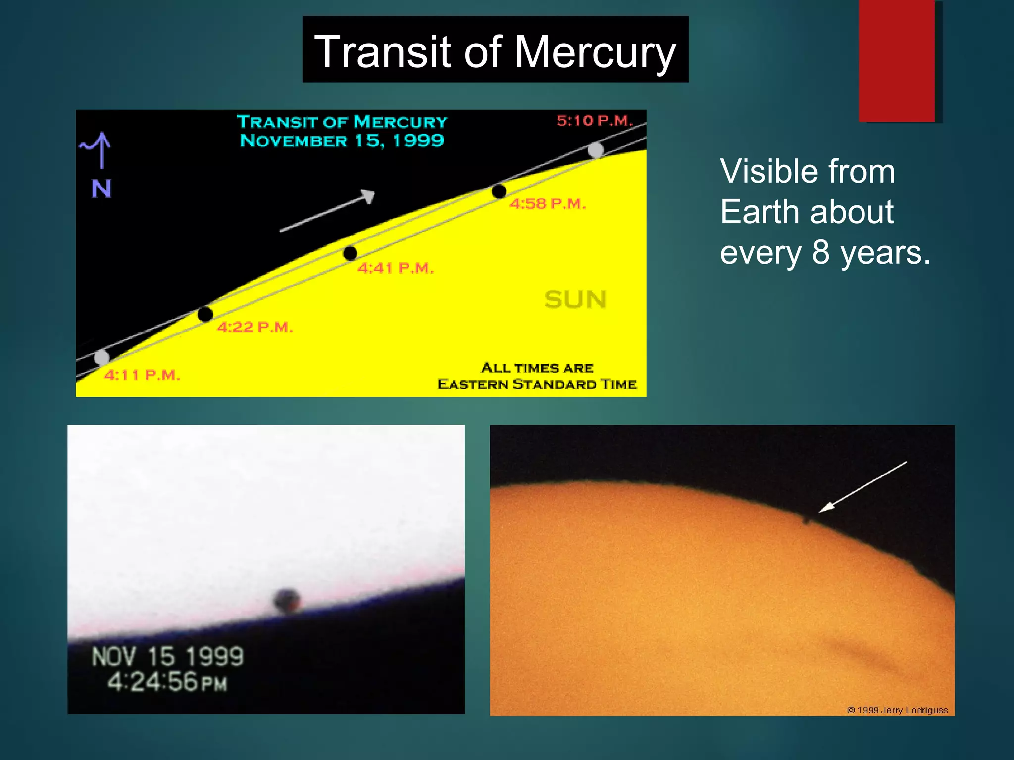 Transit of Mercury
Visible from
Earth about
every 8 years.
 