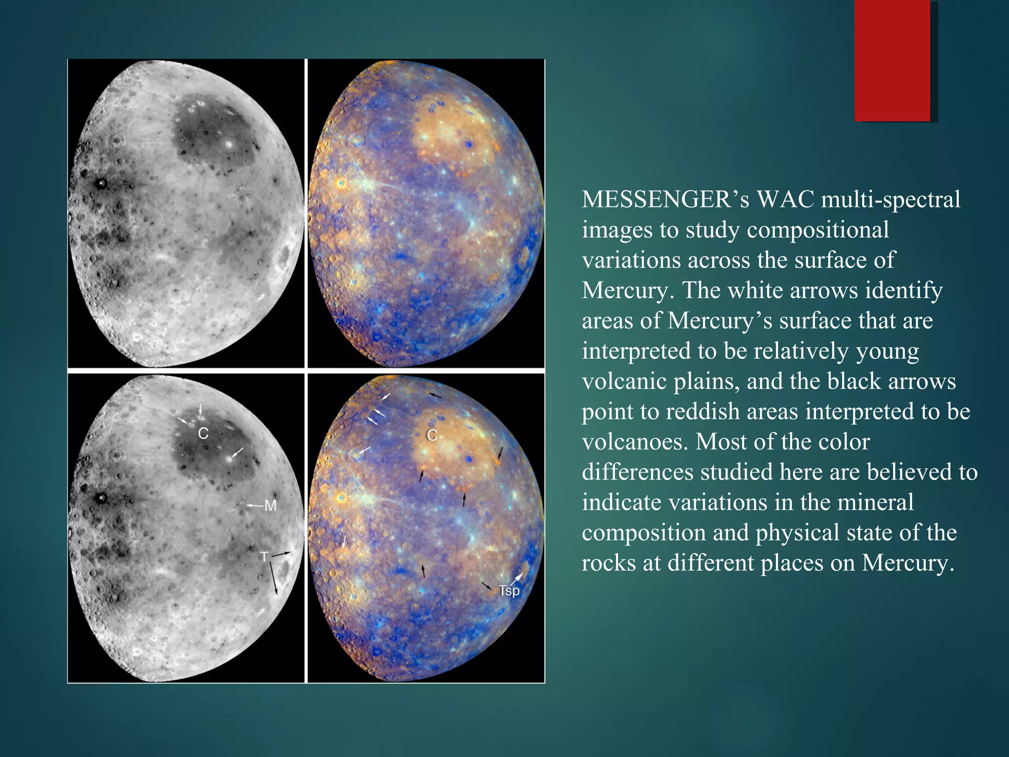 MESSENGER’s WAC multi-spectral
images to study compositional
variations across the surface of
Mercury. The white arrows identify
areas of Mercury’s surface that are
interpreted to be relatively young
volcanic plains, and the black arrows
point to reddish areas interpreted to be
volcanoes. Most of the color
differences studied here are believed to
indicate variations in the mineral
composition and physical state of the
rocks at different places on Mercury.
 