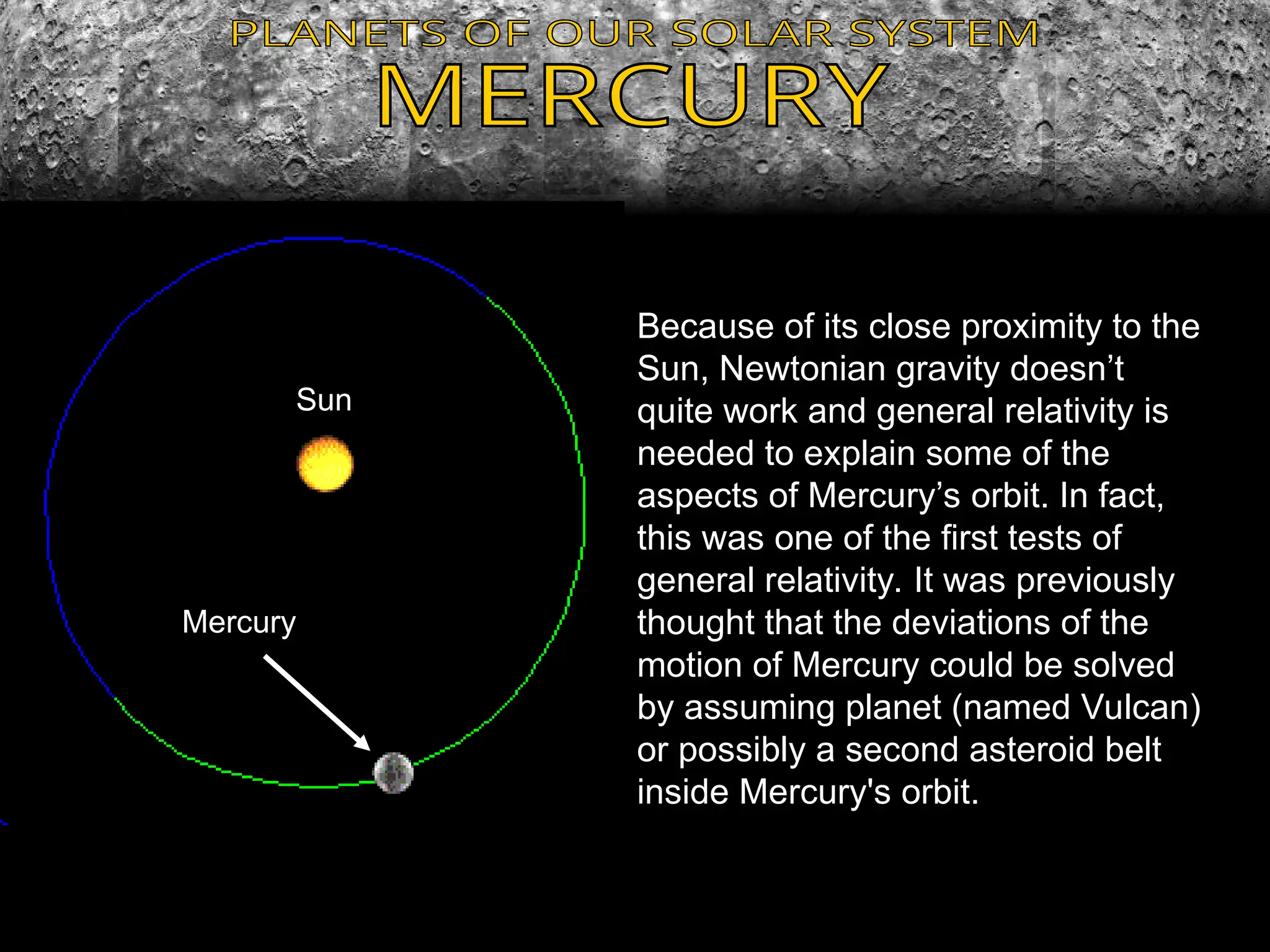 Mercury
Sun
Because of its close proximity to the
Sun, Newtonian gravity doesn’t
quite work and general relativity is
needed to explain some of the
aspects of Mercury’s orbit. In fact,
this was one of the first tests of
general relativity. It was previously
thought that the deviations of the
motion of Mercury could be solved
by assuming planet (named Vulcan)
or possibly a second asteroid belt
inside Mercury's orbit.
 