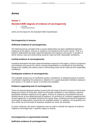 http://www.greenfacts.org/                Copyright © GreenFacts                         page 5/6




Annex

Annex 1:
Standard IARC degrees of evidence of carcinogenicity
        •       in humans
        •       in experimental animals


which are the basis for the Standard IARC Classification




Carcinogenicity in humans

Sufficient evidence of carcinogenicity:

The Working Group considers that a causal relationship has been established between
exposure to the agent, mixture or exposure circumstance and human cancer. That is, a
positive relationship has been observed between the exposure and cancer in studies in
which chance, bias and confounding could be ruled out with reasonable confidence.

Limited evidence of carcinogenicity:

A positive association has been observed between exposure to the agent, mixture or exposure
circumstance and cancer for which a causal interpretation is considered by the Working
Group to be credible, but chance, bias or confounding could not be ruled out with reasonable
confidence.

Inadequate evidence of carcinogenicity:

The available studies are of insufficient quality, consistency or statistical power to permit
a conclusion regarding the presence or absence of a causal association between exposure
and cancer, or no data on cancer in humans are available.

Evidence suggesting lack of carcinogenicity:

There are several adequate studies covering the full range of levels of exposure that human
beings are known to encounter, which are mutually consistent in not showing a positive
association between exposure to the agent, mixture or exposure circumstance and any
studied cancer at any observed level of exposure. A conclusion of 'evidence suggesting lack
of carcinogenicity' is inevitably limited to the cancer sites, conditions and levels of exposure
and length of observation covered by the available studies. In addition, the possibility of a
very small risk at the levels of exposure studied can never be excluded.

In some instances, the above categories may be used to classify the degree of evidence
related to carcinogenicity in specific organs or tissues.




Carcinogenicity in experimental animals

Sufficient evidence of carcinogenicity:
 