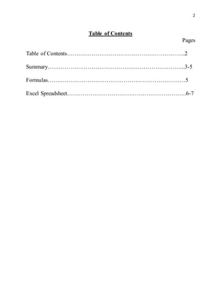 2
Table of Contents
Pages
Table of Contents……………………………………………………..2
Summary……………………………………………………………...3-5
Formulas………………………………………………………………5
Excel Spreadsheet……………………………………………………..6-7
 