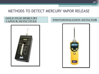 METHODS TO DETECT MERCURY VAPOR RELEASE
GOLD FILM MERCURY
VAPOUR DETECTIVES
PHOTOIONIZATION DETECTOR
48
 
