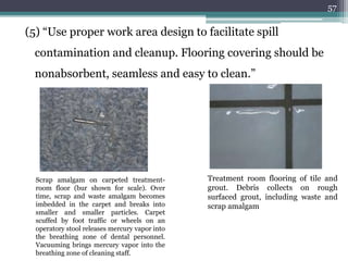 (5) “Use proper work area design to facilitate spill
contamination and cleanup. Flooring covering should be
nonabsorbent, seamless and easy to clean.”
57
Scrap amalgam on carpeted treatment-
room floor (bur shown for scale). Over
time, scrap and waste amalgam becomes
imbedded in the carpet and breaks into
smaller and smaller particles. Carpet
scuffed by foot traffic or wheels on an
operatory stool releases mercury vapor into
the breathing zone of dental personnel.
Vacuuming brings mercury vapor into the
breathing zone of cleaning staff.
Treatment room flooring of tile and
grout. Debris collects on rough
surfaced grout, including waste and
scrap amalgam
 