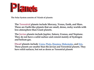 The Solar System consists of 3 kinds of planets:
The Terrestrial planets include Mercury, Venus, Earth, and Mars.
These are Earth-like planets that are small, dense, rocky worlds with
less atmosphere than Giant planets.
The Jovian planets include Jupiter, Saturn, Uranus, and Neptune.
They do not have a solid surface and consist mainly of hydrogen
and helium gas.
Dwarf planets include Ceres, Pluto, Haumea, Makemake, and Eris.
These planets are smaller than the Jovian and Terrestrial planets. They
have solid surfaces, but not as dense as Terrestrial planets
 