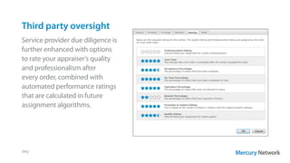 Third party oversight
Service provider due diligence is
further enhanced with options
to rate your appraiser’s quality
and professionalism after
every order, combined with
automated performance ratings
that are calculated in future
assignment algorithms.
TPO
 