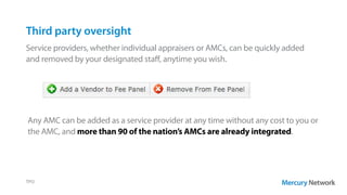 Third party oversight
Service providers, whether individual appraisers or AMCs, can be quickly added
and removed by your designated staff, anytime you wish.
TPO
Any AMC can be added as a service provider at any time without any cost to you or
the AMC, and more than 90 of the nation’s AMCs are already integrated.
 