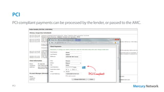 PCI
PCI
PCI-compliant payments can be processed by the lender, or passed to the AMC.
PCI Compliant
 