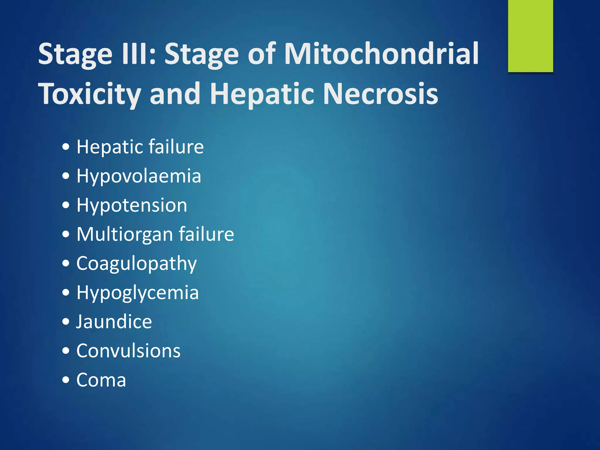 Stage III: Stage of Mitochondrial
Toxicity and Hepatic Necrosis
• Hepatic failure
• Hypovolaemia
• Hypotension
• Multiorgan failure
• Coagulopathy
• Hypoglycemia
• Jaundice
• Convulsions
• Coma
 