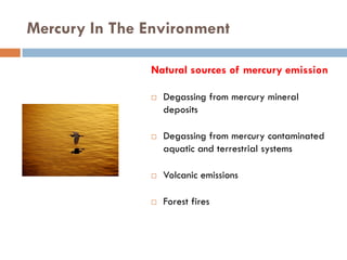 Mercury In The Environment

               Natural sources of mercury emission

                  Degassing from mercury ...