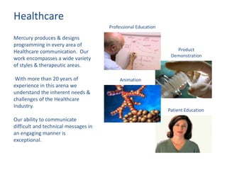 Professional Education
Product
Demonstration
Animation
Patient Education
Mercury produces & designs
programming in every area of
Healthcare communication. Our
work encompasses a wide variety
of styles & therapeutic areas.
With more than 20 years of
experience in this arena we
understand the inherent needs &
challenges of the Healthcare
Industry.
Our ability to communicate
difficult and technical messages in
an engaging manner is
exceptional.
Healthcare
 