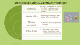 Ventilation
Monitor office
Monitor
personnel
Office design
• Proper ventilation by having
fresh air exchanges and
periodic replacement of
filters.
• Monitor the Hg vapor level
in the office periodically.
• Monitor office by periodic
analysis
• Use proper work area
design to facilitate spill
containment and clean up.
SAFE MERCURY AMALGAM REMOVAL TECHNIQUE
DR. DHANASHREE GUNJAL 28
 
