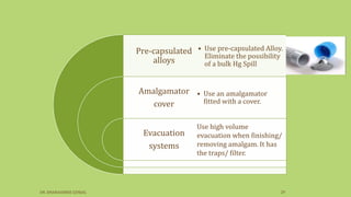 Pre-capsulated
alloys
Amalgamator
cover
Evacuation
systems
• Use pre-capsulated Alloy.
Eliminate the possibility
of a bulk Hg Spill
• Use an amalgamator
fitted with a cover.
Use high volume
evacuation when finishing/
removing amalgam. It has
the traps/ filter.
DR. DHANASHREE GUNJAL 29
 