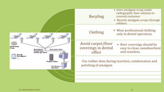 Recyling
Clothing
Avoid carpet/floor
coverings in dental
office
• store amalgam scrap under
radiographic fixer solution in
covered container.
• Recycle amalgam scraps through
refiners
• Wear professional clothing
only in dental operatory.
• floor coverings should be
easy to clean, nonabsorbent
and seamless.
Use rubber dam during insertion, condensation and
polishing of amalgam
DR. DHANASHREE GUNJAL 31
 