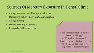 Sources Of Mercury Exposure In Dental Clinic
• Amalgam raw material being stored in use
• During trituration , insertion & condensation
• Amalgam scrap
• During finishing & polishing
• Removal of old restoration
• Hg concentration in whole
blood is ↓10 μg/L,
• 20 μg/L / ↓ is normal.
• Blood Hg concentration can rise
to 35 μg/L after long-term
exposure to mercury vapor
DR. DHANASHREE GUNJAL 8
 