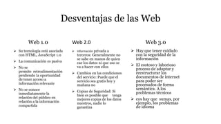 Desventajas de las Web
Web 1.0
 Su tecnología está asociada
con HTML, JavaScript 1.0
 La comunicación es pasiva
 No se
permite retroalimentación
perdiendo la oportunidad
de tener acceso a
información relevante
 No se conoce
inmediatamente la
relación del público en
relación a la información
compartida
Web 2.0
 Información privada a
terceros: Generalmente no
se sabe en manos de quien
cae los datos ni que uso se
va a hacer con ellos
 Cambios en las condiciones
del servicio: Puede que el
servicio sea gratis hoy y
mañana no
 Copias de Seguridad: Si
bien es posible que tenga
mejores copias de los datos
nuestros, nadie lo
garantiza
Web 3.0
 Hay que tener cuidado
con la seguridad de la
información
 El costoso y laborioso
proceso de adaptar y
reestructurar los
documentos de internet
para poder ser
procesados de forma
semántica. A los
problemas técnicos
 cos hay que sumas, por
ejemplo, los problemas
de idioma
 
