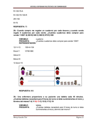 ESCUELA SUPERIOR POLITECNICA DE CHIMBORAZO
Mercy Guacho Tixi Página 21
R=120-70-A
R=120-70+100-R
2R=150
R=75
RESPUESTA: 75
29.- Cuando compro me regalan un cuaderno por cada docena y cuando vendo
regalo 4 cuadernos por cada ciento. ¿Cuántos cuadernos debo comprar para
vender 1 000? A) 920 B) 940 C) 960 D) 970 E) 980
VARIABLE: cuaderno
PREGUNTA: ¿Cuántos cuadernos debo comprar para vender 1000?
REPRESENTACION:
12+1=13 100+4=104
Doce=1 12*80=960
4doce+4
8doce+8
12 doce+10
12
100
RESPUESTA: 960
30.- Una enfermera proporciona a su paciente una tableta cada 45 minutos.
¿Cuántas tabletas necesitará para 9 horas de turno si debe suministrarlas al inicio y
término del mismo? A) 11 B) 13 C) 15 D) 17 E) 19
VARIABLE: tableta
PREGUNTA: ¿Cuántas tabletas necesitará para 9 horas de turno si debe
suministrarlas al inicio y término del mismo?
 