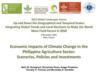 2015 Global Landscapes Forum
Up and Down the Geographical and Temporal Scales:
Integrating Global Trends and Local Decisions to Make the World
More Food-Secure in 2050
Economic Impacts of Climate Change in the
Philippine Agriculture Sector:
Scenarios, Policies and Investments
Mark W. Rosegrant, Nicostrato Perez, Angga Pradesha, Timothy S. Thomas and
Mercedita A. Sombilla
 