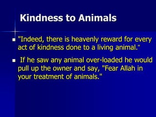 Kindness to Animals
 "Indeed, there is heavenly reward for every
act of kindness done to a living animal.“
 If he saw any animal over-loaded he would
pull up the owner and say, "Fear Allah in
your treatment of animals."
 