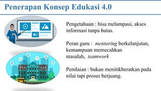 Penerapan Konsep Edukasi 4.0
Pengetahuan : bisa melampaui, akses
informasi tanpa batas.
Peran guru : mentoring berkelanjutan,
kemampuan memecahkan
masalah, teamwork
Penilaian : bukan menitikberatkan pada
nilai tapi proses berjuang.
 