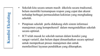 • Sekolah kita secara umum masih dikelola secara tradisonal,
belum memiliki kemampuan respon yang cepat dan akurat
terhadap berbagai permasalahan kekinian yang menghadang
sekolah.
• Pimpinan sekolah perlu didukung oleh sistem informasi
manajemen yang komprehensif dalam mengendalikan sekolah
secara optimal.
Kondisi
Eksisting
• ICT telah masuk ke sekolah namun dalam kondisi yang
sangat variatif, dan belum dapat dimanfaatkan secara optimal
untuk memperkuat proses manajemen dan untuk
memfasilitasi layanan pendidikan yang diharapkan.
 