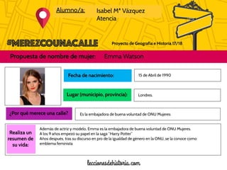 Proyecto de Geografía e Historia 17/18
Alumno/a: Isabel Mª Vázquez
Atencia
Propuesta de nombre de mujer: Emma Watson
Foto de la
mujer
propuesta
Realiza un
resumen de
su vida:
Fecha de nacimiento:
Lugar (municipio, provincia):
15 de Abril de 1990
¿Por qué merece una calle?
Londres.
Es la embajadora de buena voluntad de ONU Mujeres
Además de actriz y modelo, Emma es la embajadora de buena voluntad de ONU Mujeres.
A los 9 años empezó su papel en la saga “Harry Potter”
Años después, tras su discurso en pro de la igualdad de género en la ONU, se la conoce como
emblema feminista
 