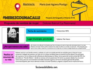 Proyecto de Geografía e Historia 17/18
Alumno/a: María José Agüera Postigo
Propuesta de nombre de mujer: Dolores Ibárruri ...