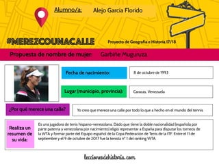 Proyecto de Geografía e Historia 17/18
Alumno/a: Alejo García Florido
Propuesta de nombre de mujer: Garbiñe Muguruza
Foto ...