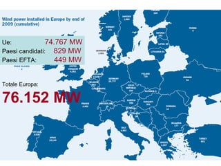 Ue:   74.767 MW Paesi candidati:   829 MW Paesi EFTA:   449 MW Totale Europa:  76.152 MW 