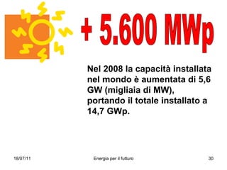 Nel 2008 la capacità installata nel mondo è aumentata di 5,6 GW (migliaia di MW), portando il totale installato a 14,7 GWp. + 5.600 MWp 