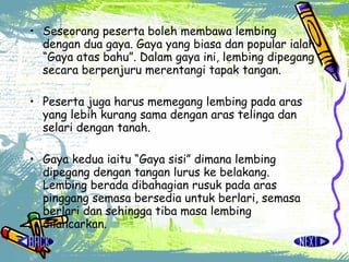 Seseorang peserta boleh membawa lembing dengan dua gaya. Gaya yang biasa dan popular ialah “Gaya atas bahu”. Dalam gaya ini, lembing dipegang secara berpenjuru merentangi tapak tangan. Peserta juga harus memegang lembing pada aras yang lebih kurang sama dengan aras telinga dan selari dengan tanah. Gaya kedua iaitu “Gaya sisi” dimana lembing dipegang dengan tangan lurus ke belakang. Lembing berada dibahagian rusuk pada aras pinggang semasa bersedia untuk berlari, semasa berlari dan sehingga tiba masa lembing dilancarkan. 
