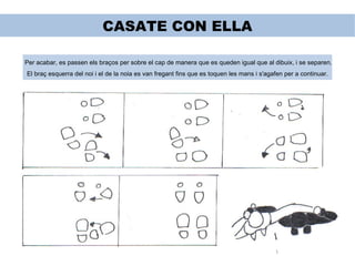 CASATE CON ELLA Per acabar, es passen els braços per sobre el cap de manera que es queden igual que al dibuix, i se separen.   El braç esquerra del noi i el de la noia es van fregant fins que es toquen les mans i s'agafen per a continuar. 