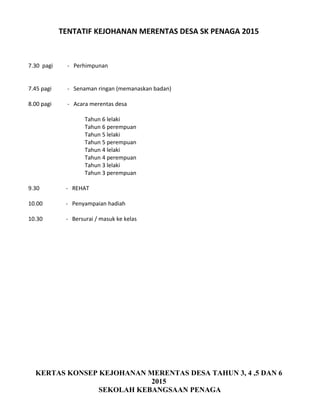 TENTATIF KEJOHANAN MERENTAS DESA SK PENAGA 2015
7.30 pagi - Perhimpunan
7.45 pagi - Senaman ringan (memanaskan badan)
8.00 pagi - Acara merentas desa
Tahun 6 lelaki
Tahun 6 perempuan
Tahun 5 lelaki
Tahun 5 perempuan
Tahun 4 lelaki
Tahun 4 perempuan
Tahun 3 lelaki
Tahun 3 perempuan
9.30 - REHAT
10.00 - Penyampaian hadiah
10.30 - Bersurai / masuk ke kelas
KERTAS KONSEP KEJOHANAN MERENTAS DESA TAHUN 3, 4 ,5 DAN 6
2015
SEKOLAH KEBANGSAAN PENAGA
 