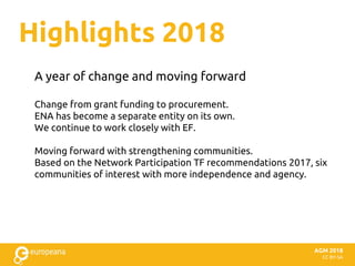 Highlights 2018
AGM 2018
CC BY-SA
A year of change and moving forward
Change from grant funding to procurement.
ENA has become a separate entity on its own.
We continue to work closely with EF.
Moving forward with strengthening communities.
Based on the Network Participation TF recommendations 2017, six
communities of interest with more independence and agency.
 