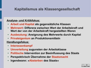 Kapitalismus als Klassengesellschaft
Analyse- und Kritikfokus:
●
Arbeit und Kapital als gegensätzliche Klassen
●
Mehrwert: Differenz zwischen Wert der Arbeitskraft und
Wert der von der Arbeitskraft hergestellten Waren
●
Ausbeutung: Aneignung des Mehrwerts durch Kapital
●
Privateigentum an Produktionsmitteln
Handlungsfokus:
●
Interessenkampf
●
Umverteilung zugunsten der Arbeitsklasse
●
Politische Intervention zur Beeinflussung des Staats
●
Perspektivisch Übernahme der Staatsmacht
●
Irgendwann: »Absterben des Staats«

 