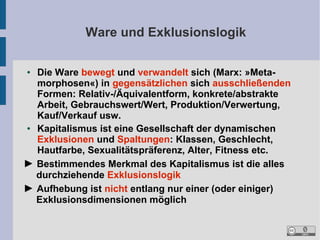 Ware und Exklusionslogik
Die Ware bewegt und verwandelt sich (Marx: »Metamorphosen«) in gegensätzlichen sich ausschließenden
Formen: Relativ-/Äquivalentform, konkrete/abstrakte
Arbeit, Gebrauchswert/Wert, Produktion/Verwertung,
Kauf/Verkauf usw.
●
Kapitalismus ist eine Gesellschaft der dynamischen
Exklusionen und Spaltungen: Klassen, Geschlecht,
Hautfarbe, Sexualitätspräferenz, Alter, Fitness etc.
► Bestimmendes Merkmal des Kapitalismus ist die alles
durchziehende Exklusionslogik
► Aufhebung ist nicht entlang nur einer (oder einiger)
Exklusionsdimensionen möglich
●

 