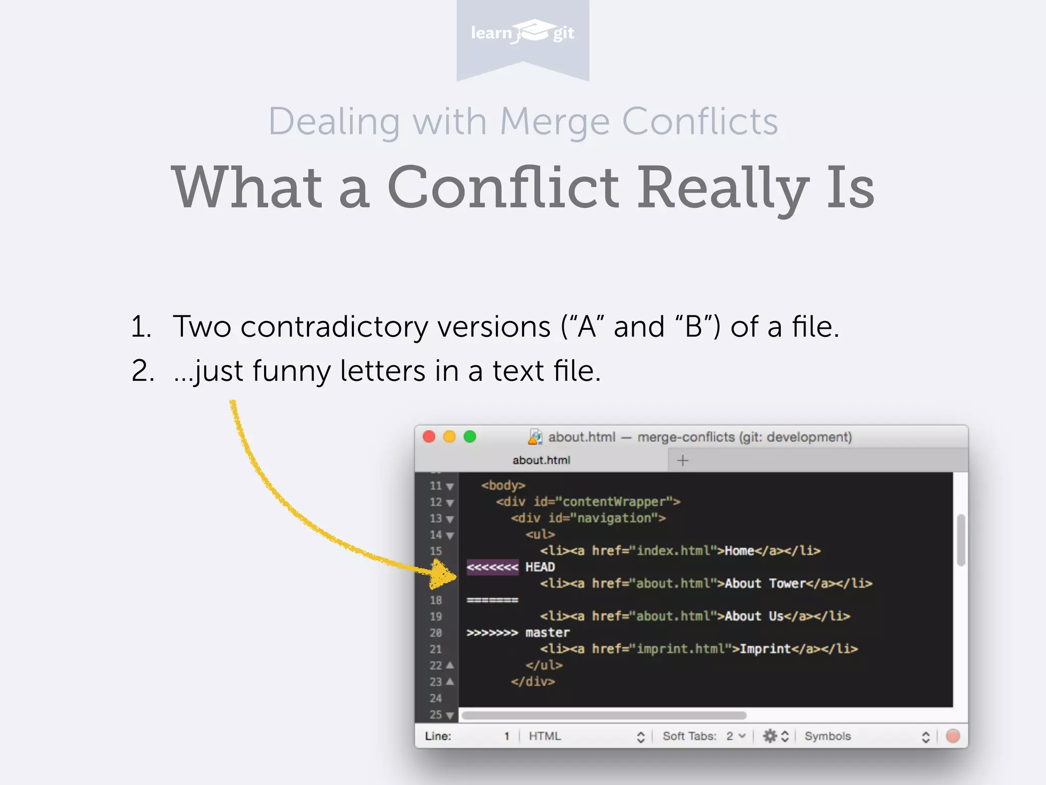 Dealing with Merge Conflicts What a Conflict Really Is 1. Two contradictory versions (“A” and “B”) of a file. 2. …just funny letters in a text file.