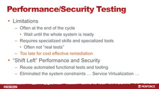 # 
• Limitations 
– Often at the end of the cycle 
• Wait until the whole system is ready 
– Requires specialized skills and specialized tools 
• Often not “real tests” 
– Too late for cost effective remediation 
• “Shift Left” Performance and Security 
– Reuse automated functional tests and tooling 
– Eliminated the system constraints … Service Virtualization … 
 