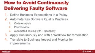 # 
1. Define Business Expectations in a Policy 
2. Automate Key Software Quality Practices 
1. Code Analysis 
2. Peer Review 
3. Automated Testing with Traceability 
3. Apply Continuously and with a Workflow for remediation 
4. Translate to Business Impact and Monitor for 
improvements 
 