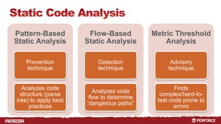 # 
Pattern-Based 
Static Analysis 
Prevention 
technique 
Analyzes code 
structure (parse 
tree) to apply best 
practices 
Flow-Based 
Static Analysis 
Detection 
technique 
Analyzes code 
flow to determine 
“dangerous paths” 
Metric Threshold 
Analysis 
Advisory 
technique 
Finds 
complex/hard-to-test 
code prone to 
errors 
 